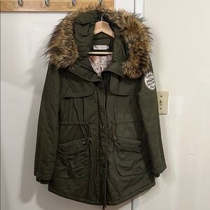 Olive Green Utility Jacket with Detachable Faux Fur Hood